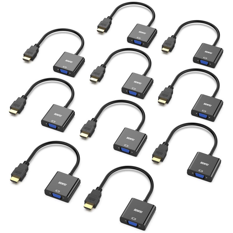 BENFEI HDMI to VGA, 10 Pack, Gold-Plated HDMI to VGA Adapter (Male to Female) for Computer, Desktop, Laptop, PC, Monitor, Projector, HDTV, Chromebook, Raspberry Pi, Roku, Xbox and More - Black - Image 1